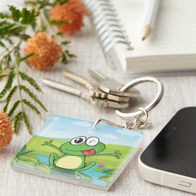 Funny Winking Frog on Lily Pad Pond Key Ring (Creator Uploaded)