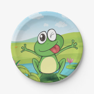 Funny Winking Frog on Lily Pad Pond Paper Plate