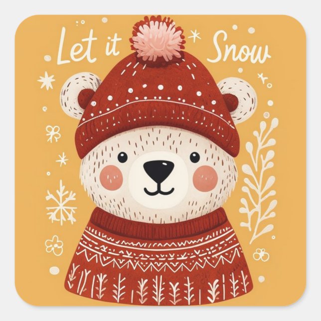 Funny Winter Bear: Warm design with festive style Square Sticker (Front)