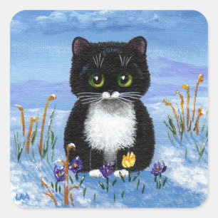 Funny Winter Black Cat Creationarts Square Sticker