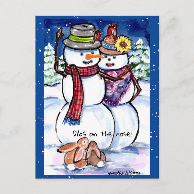 Funny Winter Christmas Snowman Rabbits Carrot Nose Postcard (Front)