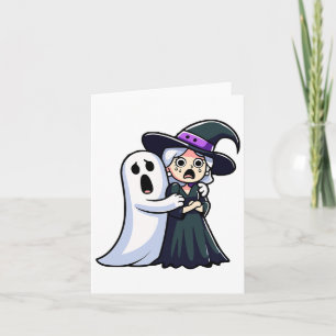 Funny Witch And Ghost Scared Face Halloween Couple Card