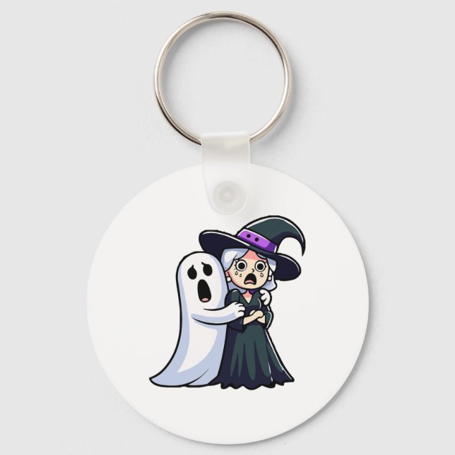 Funny Witch And Ghost Scared Face Halloween Couple Key Ring (Front)