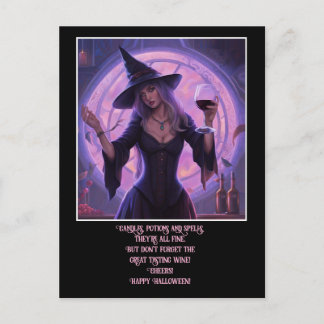 Funny Witch and Wine Happy Halloween Holiday Postcard