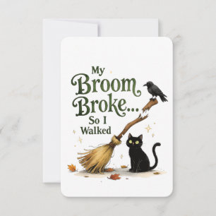 Funny Witch Broom Broke Black Cat Halloween Thank You Card