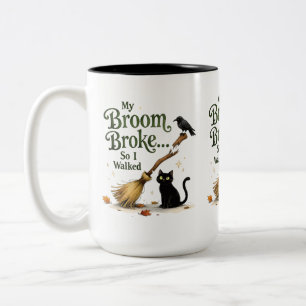 Funny Witch Broom Broke Black Cat Halloween Two-Tone Coffee Mug