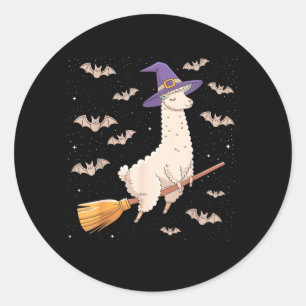 Funny Witch Broomstick Llama Lovers Spooky Classic Round Sticker
