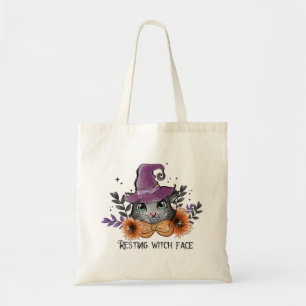 Funny Witch Cat Floral Halloween Tote Bag
