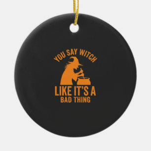 Funny Witch Cauldron Halloween Ceramic Ornament