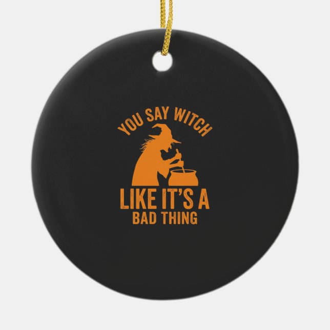 Funny Witch Cauldron Halloween Ceramic Ornament (Front)