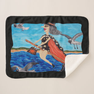 Funny Witch Flying Beside Seagulls Going to Beach Sherpa Blanket