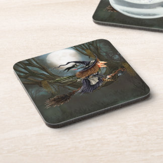 Funny Witch Flying on Broomstick Halloween Coaster