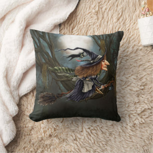 Funny Witch Flying on Broomstick Halloween Cushion