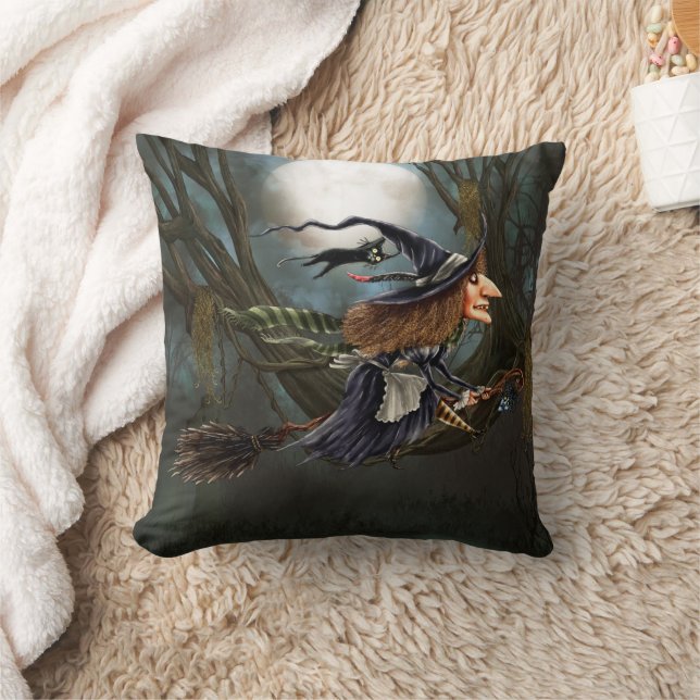Funny Witch Flying on Broomstick Halloween Cushion (Blanket)