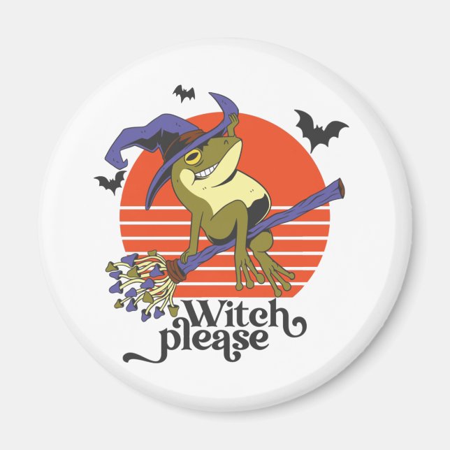 Funny Witch Frog Riding Broomstick Halloween Magnet (Front)