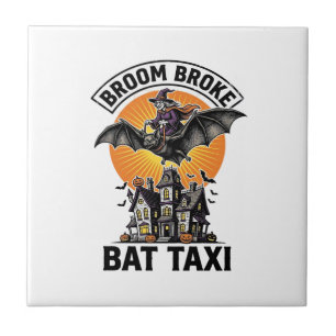 Funny Witch Halloween Broom Broke Bat Ride_1 Ceramic Tile