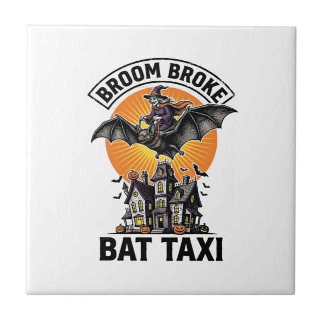 Funny Witch Halloween Broom Broke Bat Ride_1 Ceramic Tile (Front)