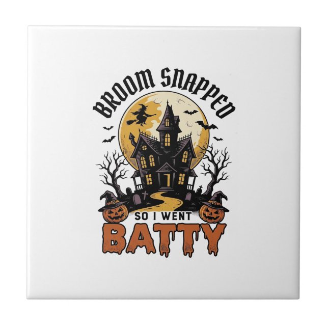 Funny Witch Halloween Haunted House Batty Graphic  Ceramic Tile (Front)