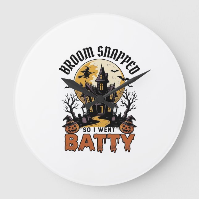 Funny Witch Halloween Haunted House Batty Graphic  Large Clock (Front)