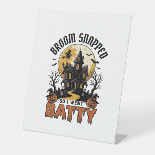 Funny Witch Halloween Haunted House Batty Graphic Pedestal Sign