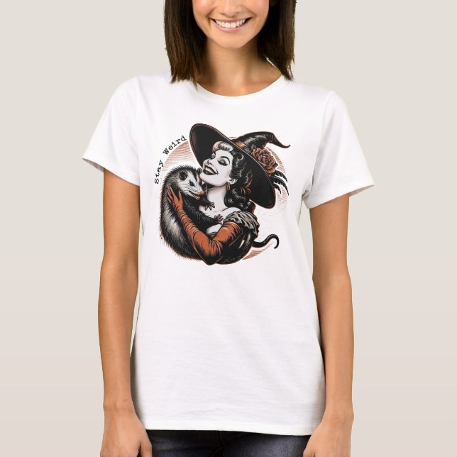 Funny witch Halloween shirt with possum stay weird (Front)