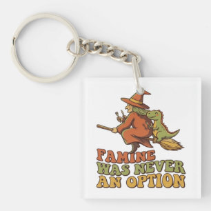 Funny Witch Riding Broom with Dinosaur Famine Was  Key Ring