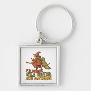 Funny Witch Riding Broom with Dinosaur Famine Was  Key Ring