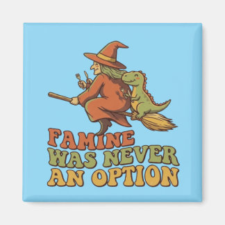 Funny Witch Riding Broom with Dinosaur Famine Was  Magnet