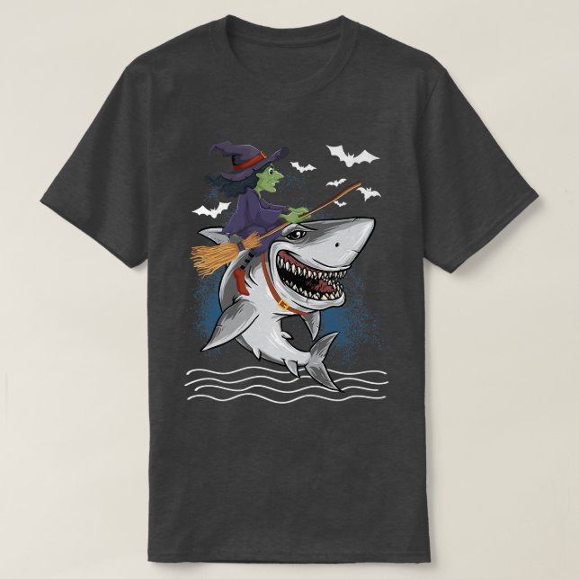 Funny Witch Riding Shark Happy Halloween Costume D T-Shirt (Design Front)