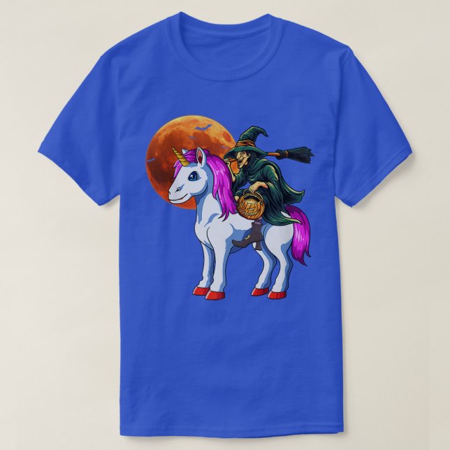 Funny Witch Riding Unicorn Halloween Costume Day G T-Shirt (Design Front)