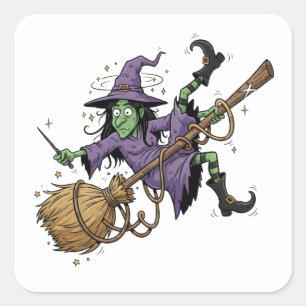 Funny Witch Tangled On Broom Art Sticker