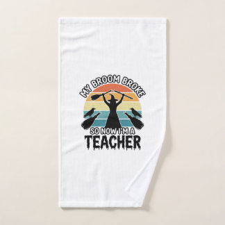 Funny Witch Teacher Broken Broom Halloween Design_ Hand Towel