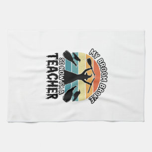 Funny Witch Teacher Broken Broom Halloween Design_ Tea Towel