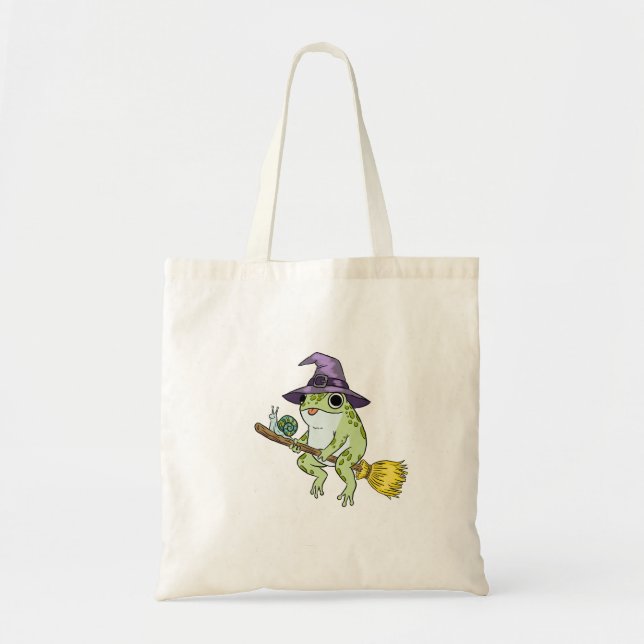 Funny Wizard Frog Rides A Broomstick Illustration Tote Bag (Front)