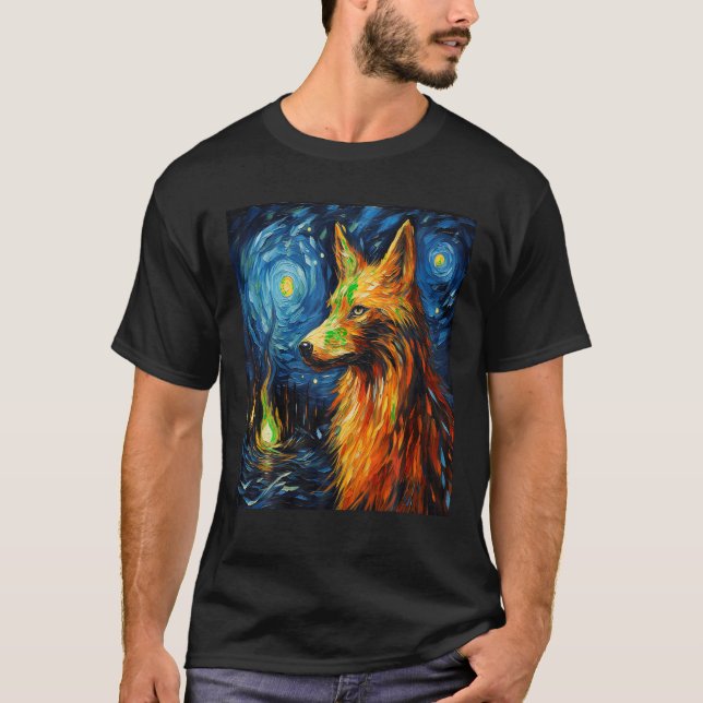 Funny Wolf art painting dog Lover Starry Night Wol T-Shirt (Front)