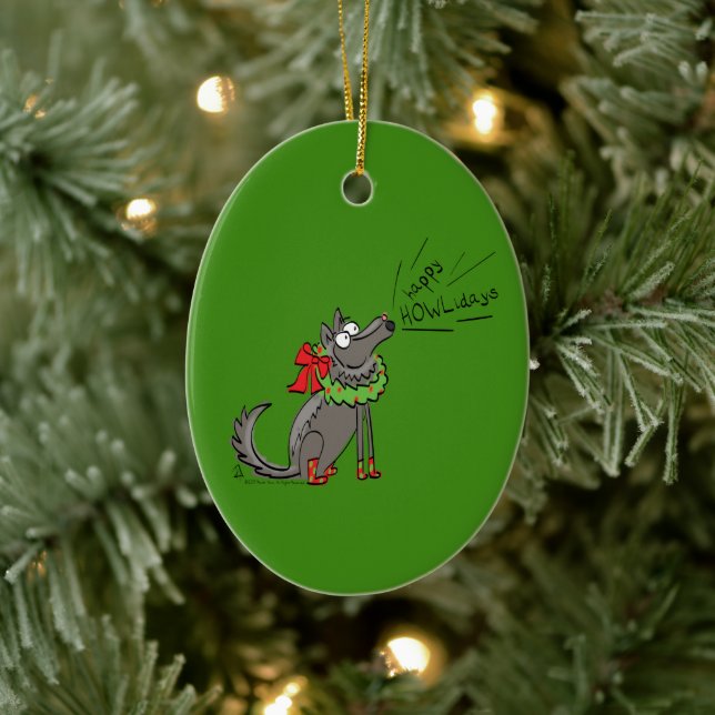 Funny Wolf Christmas Happy Howlidays Holiday Ceramic Ornament (Tree)