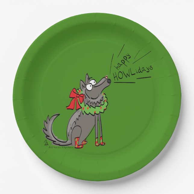 Funny Wolf Christmas Happy Howlidays Holiday Paper Plate (Front)