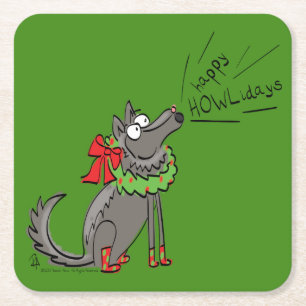 Funny Wolf Christmas Happy Howlidays Holiday Square Paper Coaster