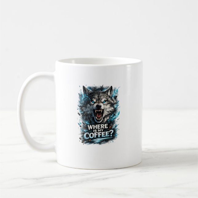 Funny Wolf Coffee Lover Typography Design Mug (Left)