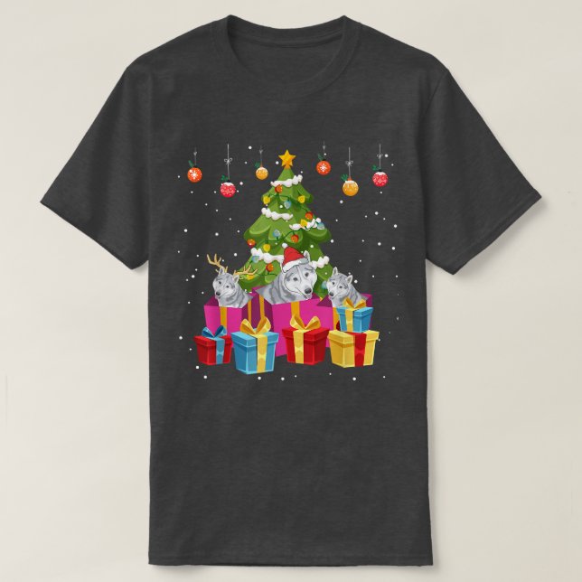 Funny Wolf Dog Merry Christmas Tree Xmas 2021  T-Shirt (Design Front)