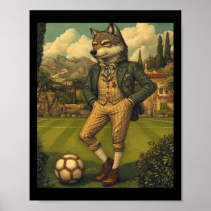 Funny Wolf Playing Soccer Graphic Weird Wolf Poster