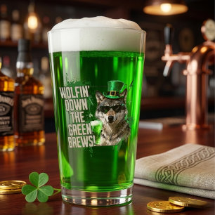Funny Wolfin Down Green Brews St Patricks Day Glass