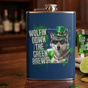 Funny Wolfin Down Green Brews St Patricks Day Hip Flask