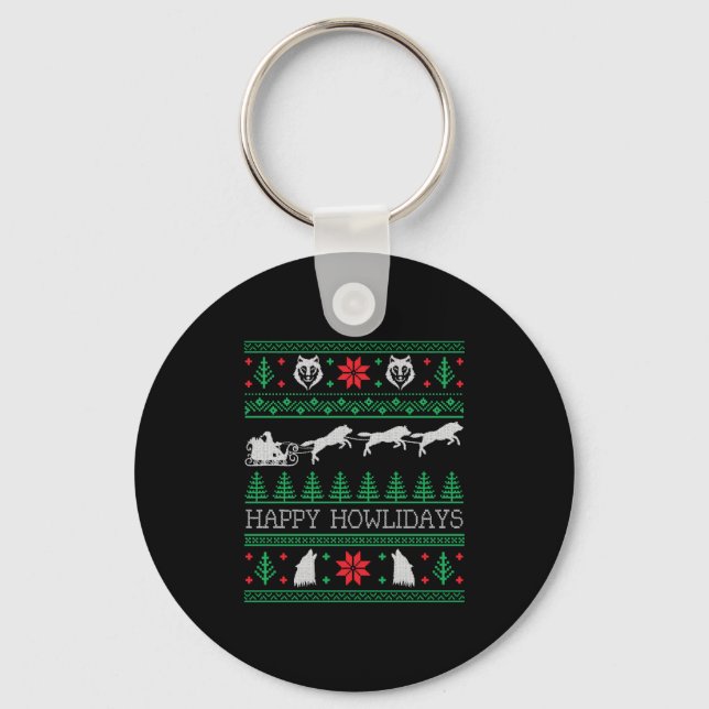 Funny Wolves Wolf Lover Ugly Christmas Sweater Key Ring (Front)