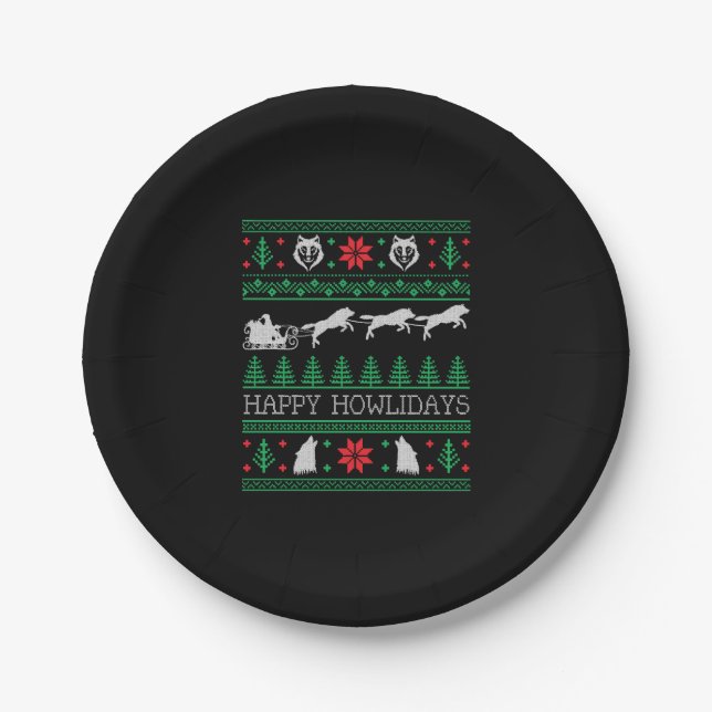 Funny Wolves Wolf Lover Ugly Christmas Sweater Paper Plate (Front)