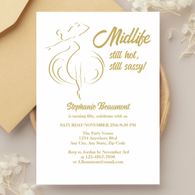 Funny Woman's Gold Midlife Still Hot 50th Birthday Invitation (Creator Uploaded)
