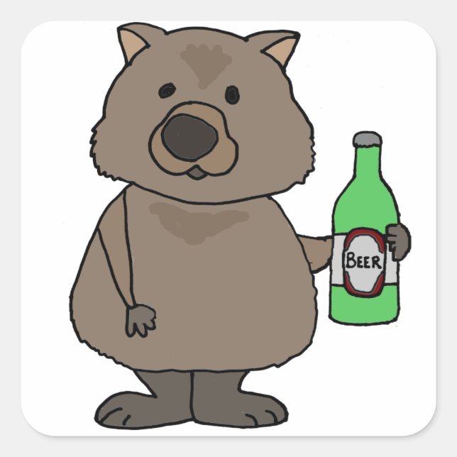 Funny Wombat Drinking Bottle of Beer Cartoon Square Sticker (Front)