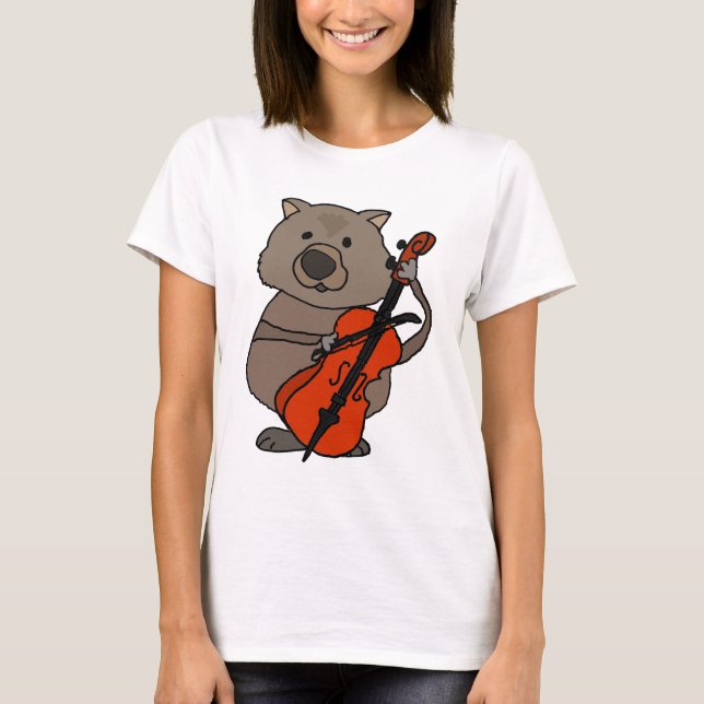 Funny Wombat Playing Cello Cartoon T-Shirt (Front)