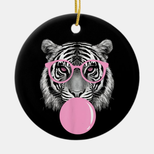 Funny Women's Tiger Glasses & Pink Bubble Gum Anim Ceramic Ornament (Front)