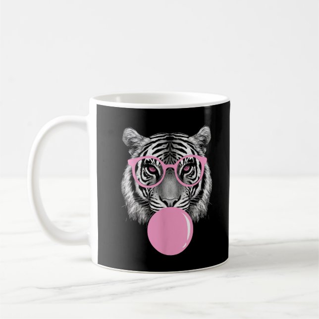 Funny Women's Tiger Glasses & Pink Bubble Gum Anim Coffee Mug (Left)